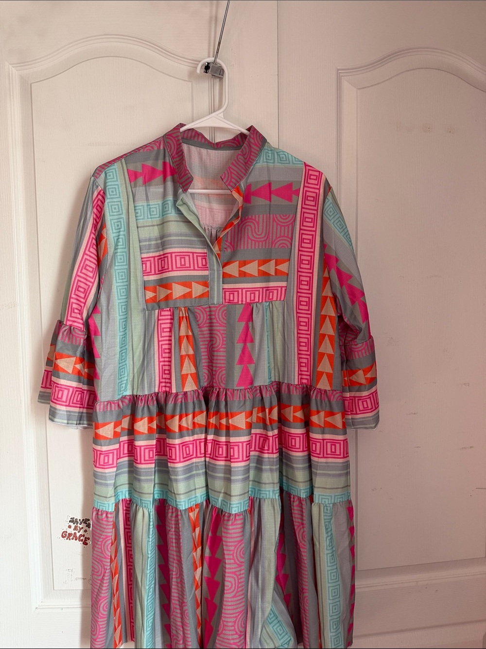 Tiered Mini Dress in Pink & Aqua Geometric Print